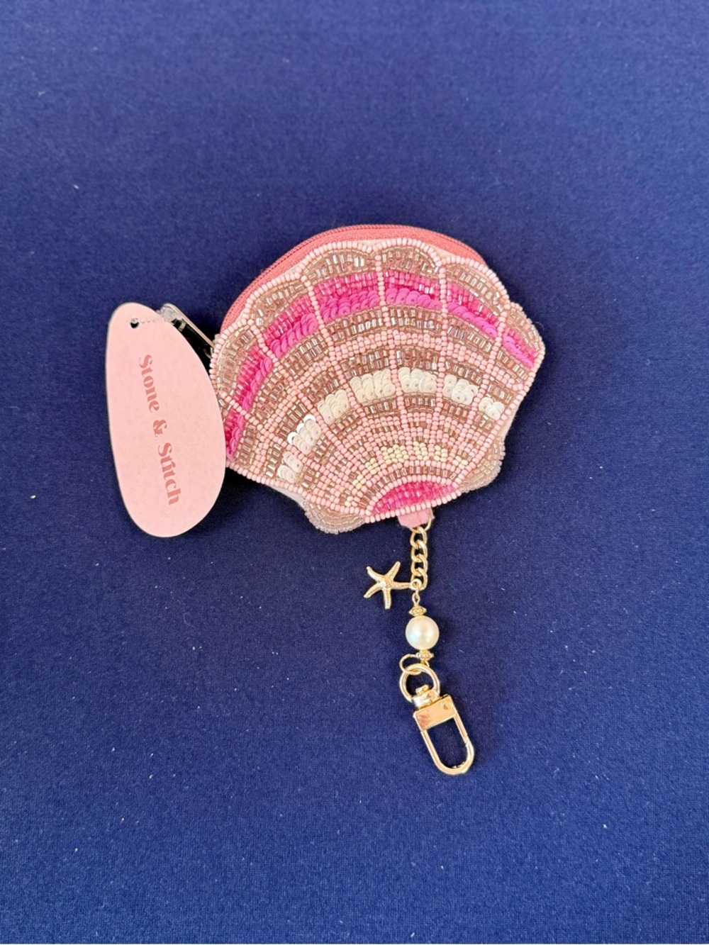 Pink Beaded Shell Keychain zip pouch